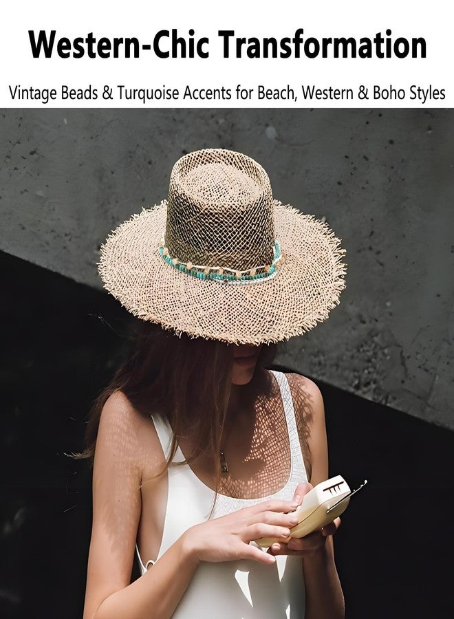 KGCGJVB Cowboy Hat Bands for Women Turquoise Beaded Hatband with Ribbon for Straw Hats Decorative Western Style Accessories for Cowgirl Outfits Adjustable Size Hat Band with Beads for Women’s Hats - Image 4